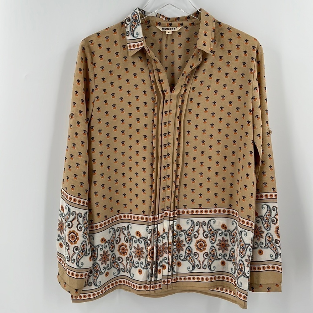 MOUSSY Tunic Blouse paisley Neutral Tan Print Top Large